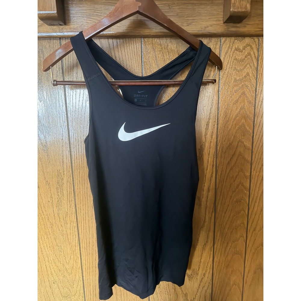 Nike Womens Dri-FIT Racerback Tank Top Black White Swoosh Training Gym Shirt M